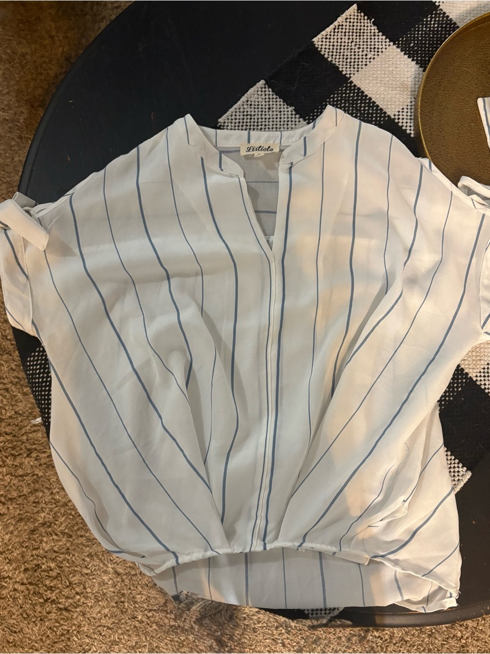 Listicle White Top with Blue Pinstripes
